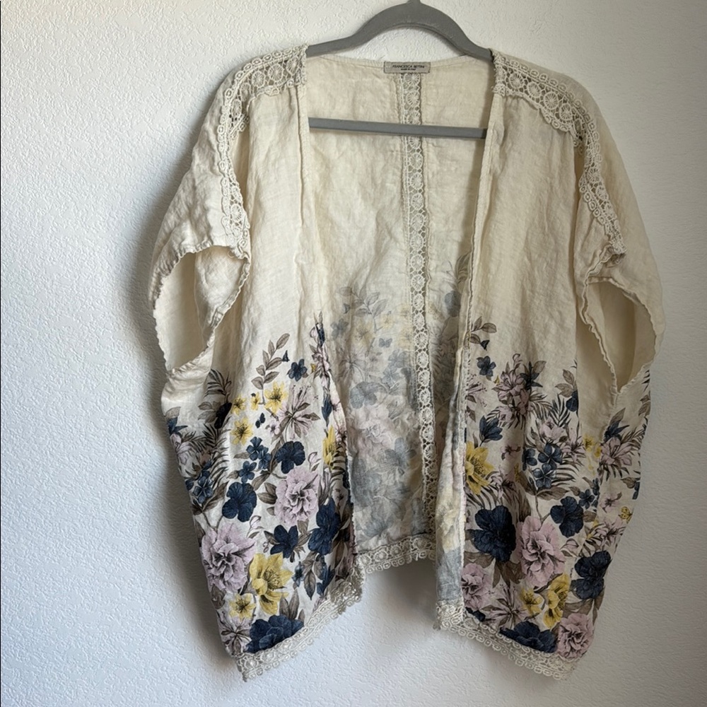 Cream and Blue Floral Embroidered Cardigan Sweater - Picture 3 of 16